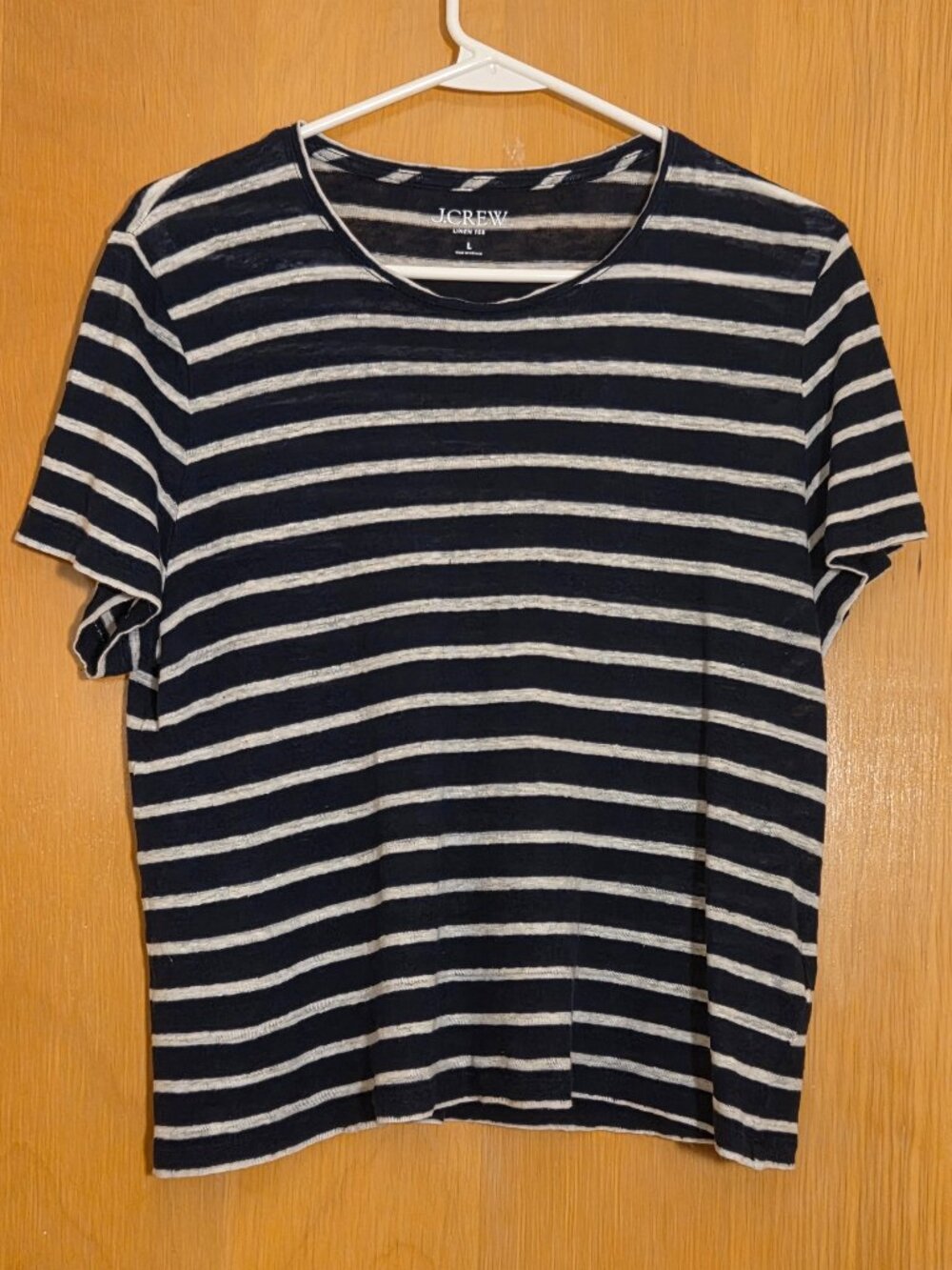 J Crew 100% Linen Tee Top Womens L Blue Striped Brighton Nautical Preppy Classic